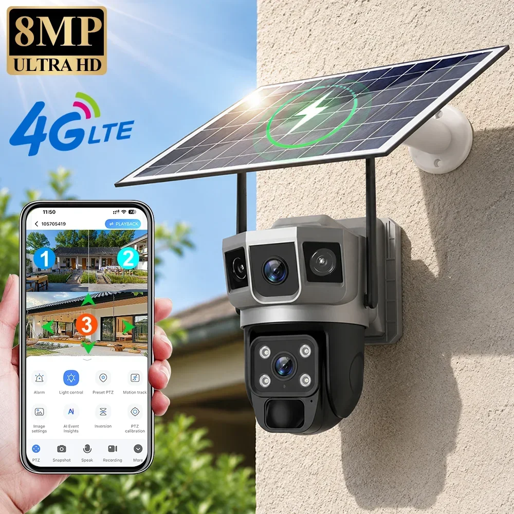 Home Security Panel - V380 4K 3 Screens 4G Camera